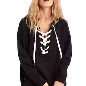 Aerie AE Black Lace Up Oversized Relaxed Fit Pullover Sweatshirt